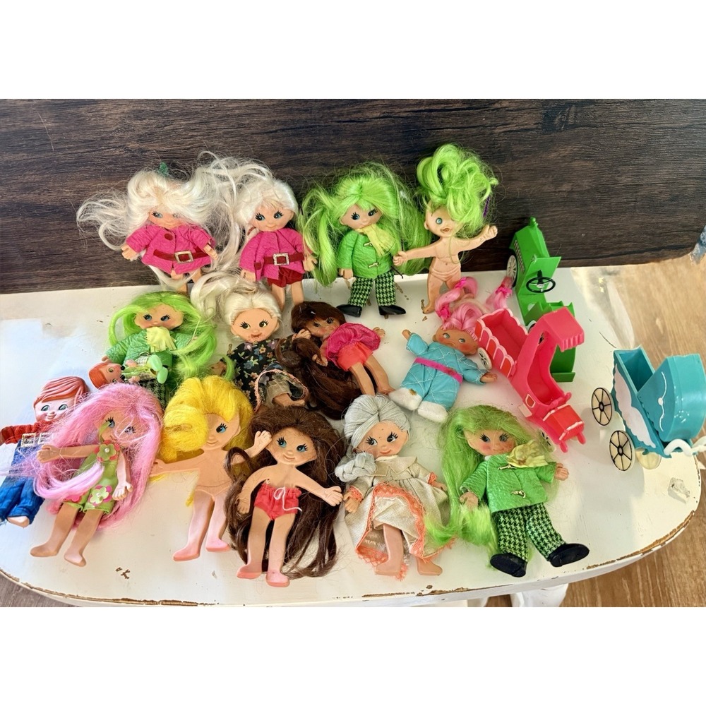 Vintage Ideal Flatsy Dolls Lot 1969 Hong Kong w Car Pram Accessories